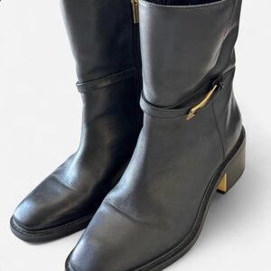 Vince Camuto Black Leather Mid-Calf Boots with Gold Accent EUC Size 9.5